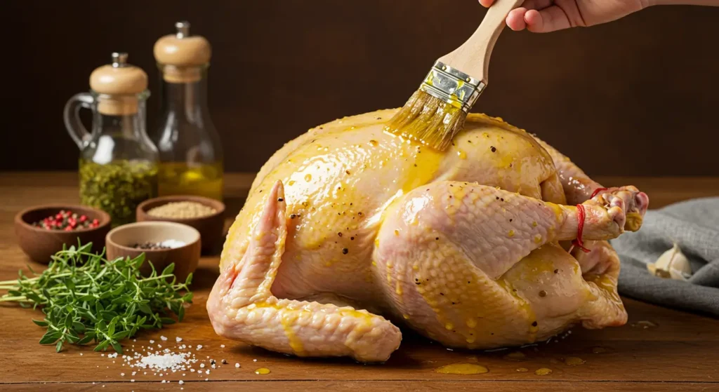 Badigeonnage de la dinde entière avec la marinade.