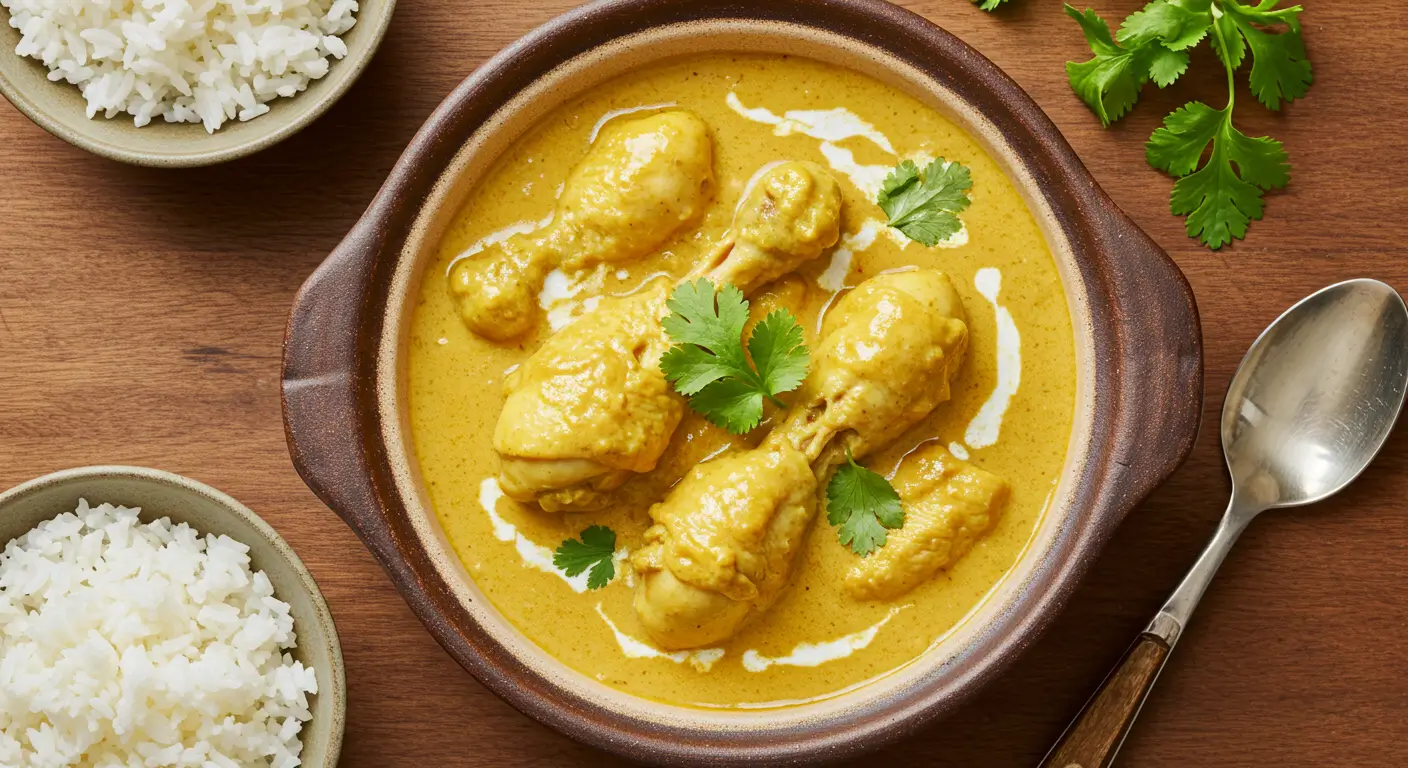Vue du dessus d’un Poulet au Curry crémeux dans un bol en céramique, accompagné de riz basmati.