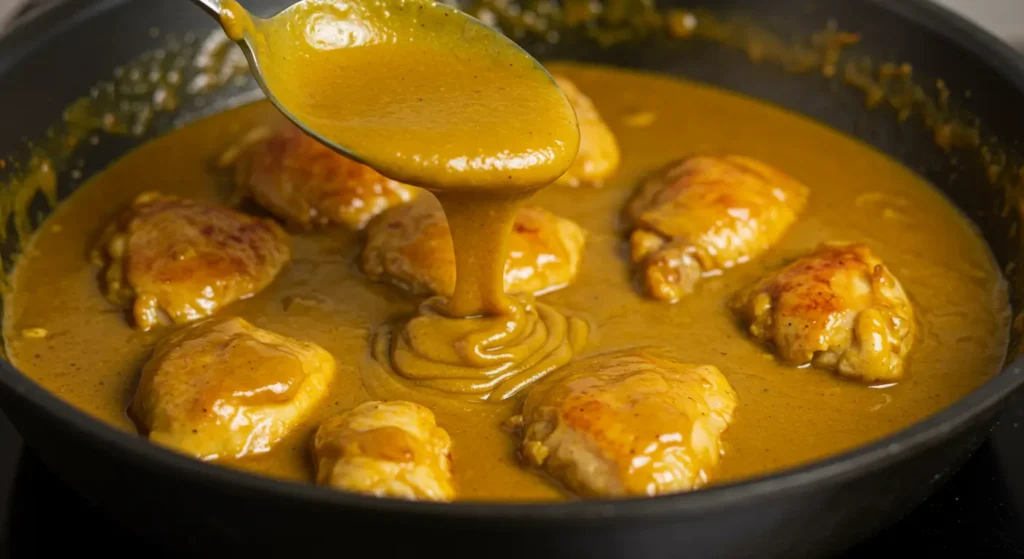 Sauce curry crémeuse versée sur du poulet doré.