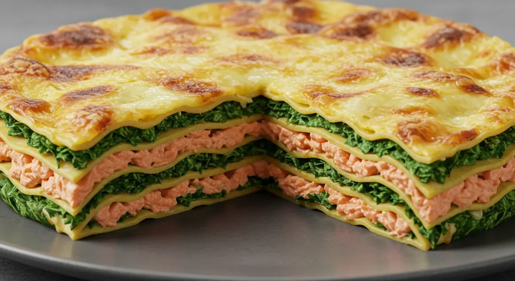 Lasagne saumon épinard finie, avec une part découpée montrant les couches.