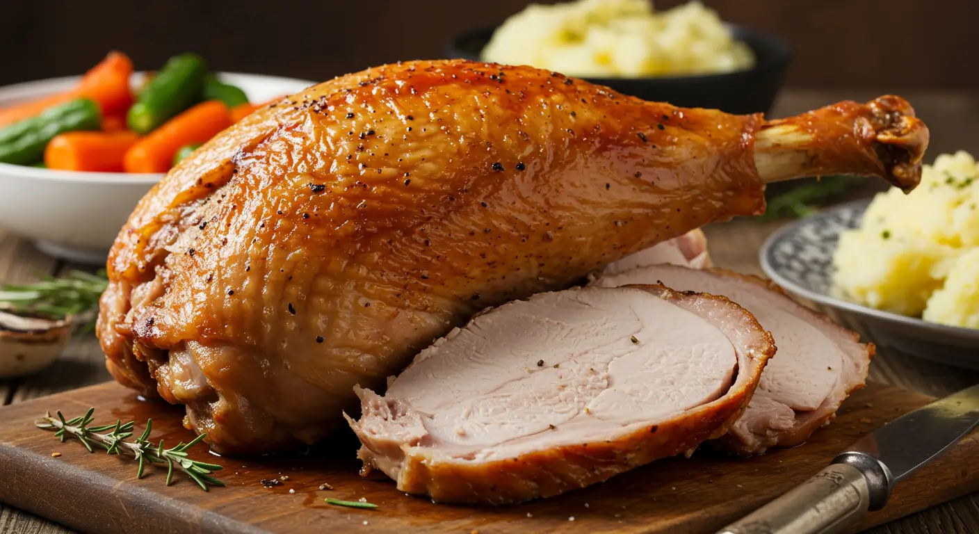 Cuisse de dinde rôtie dorée et croustillante, accompagnée de légumes rôtis et d’une purée onctueuse.