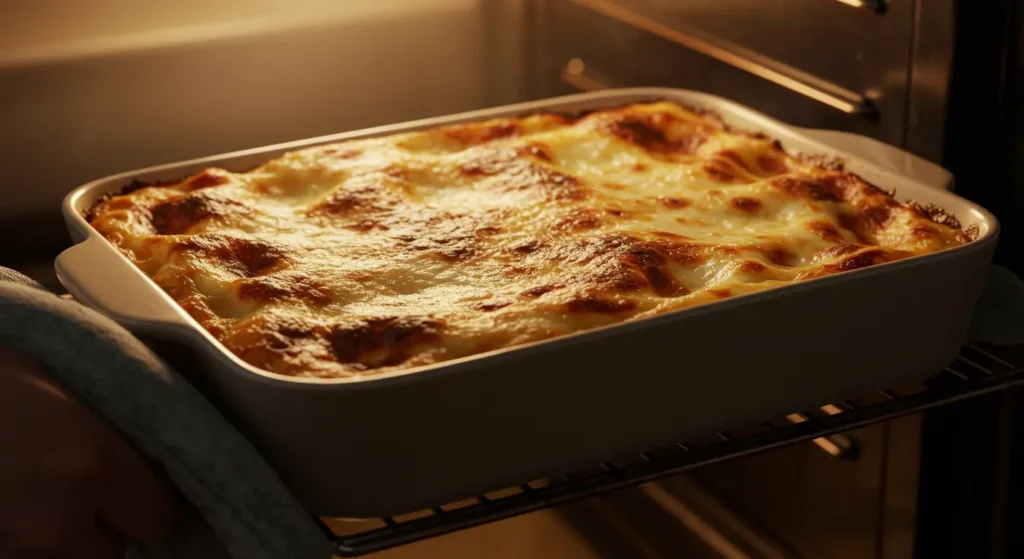 Lasagne saumon épinard parfaitement cuite, sortie du four