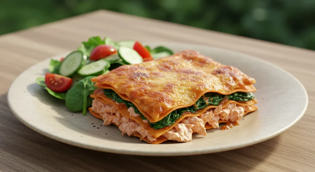 Lasagne saumon épinard saine servie avec une salade fraîche.