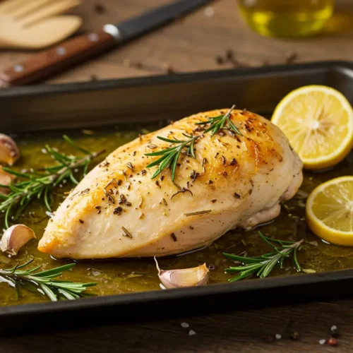 Blanc de poulet au four parfaitement cuit, assaisonné d'herbes de Provence et d'ail, servi avec une tranche de citron et du romarin frais