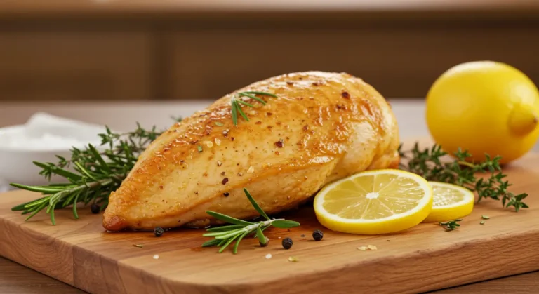 Blanc de poulet rôti au four parfaitement doré et juteux, garni de romarin et de tranches de citron