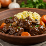 Assiette de bœuf bourguignon avec une sauce onctueuse, accompagnée de carottes et de champignons, servie sur une table en bois.