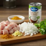 Ingrédients prêts pour la préparation du Poulet au Curry crémeux sur une planche en bois.