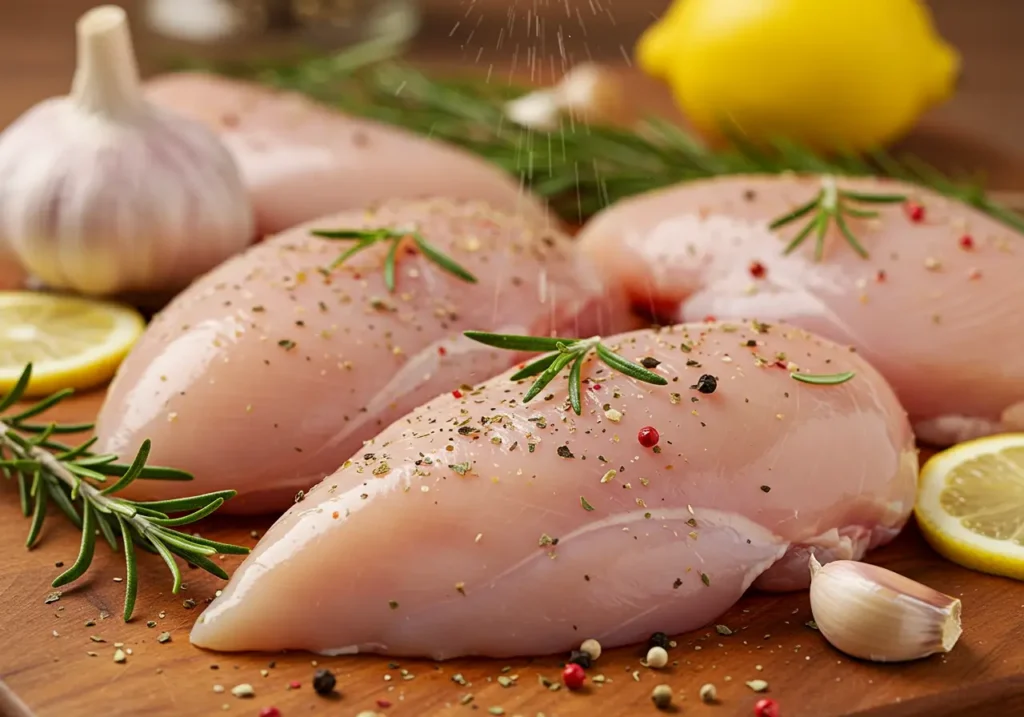 Préparation du blanc de poulet avec des herbes et épices.