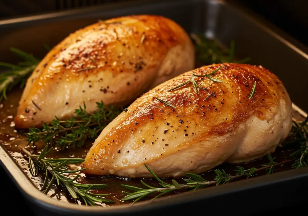 Blanc de poulet en train de cuire au four