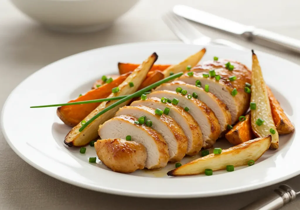 Blanc de poulet rôti servi avec des légumes rôtis.