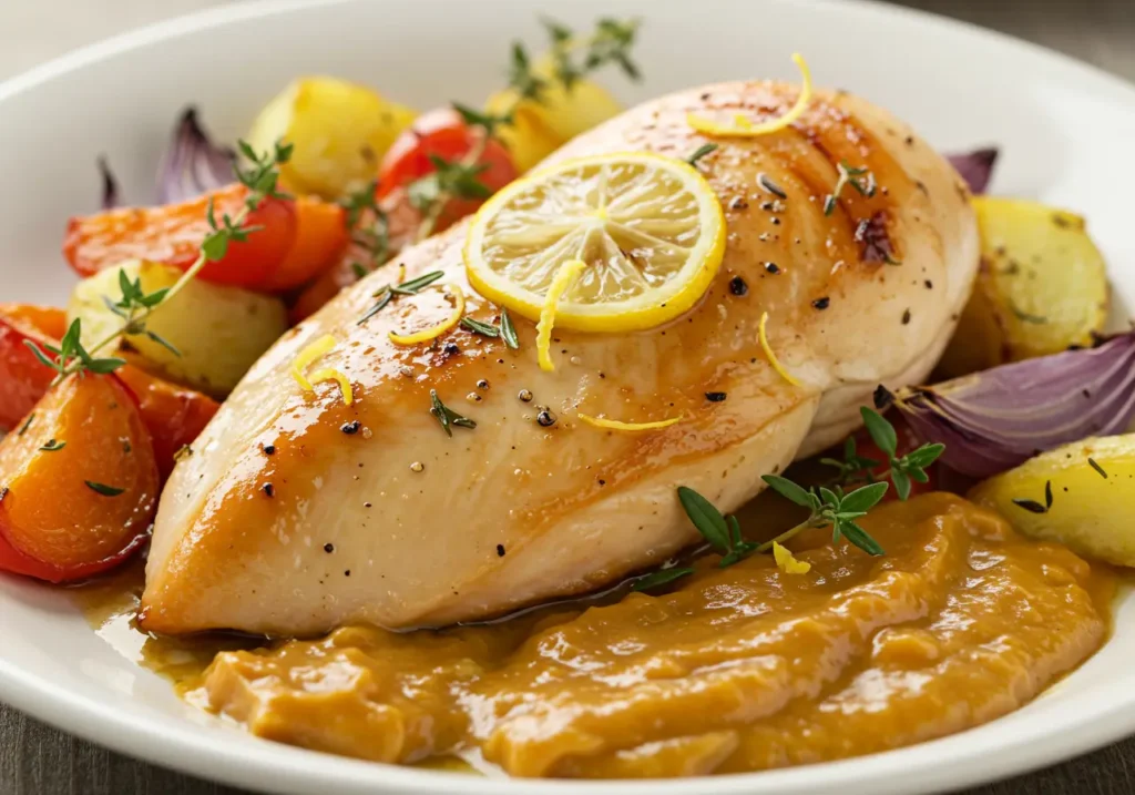 Blanc de poulet accompagné de sauce maison et légumes