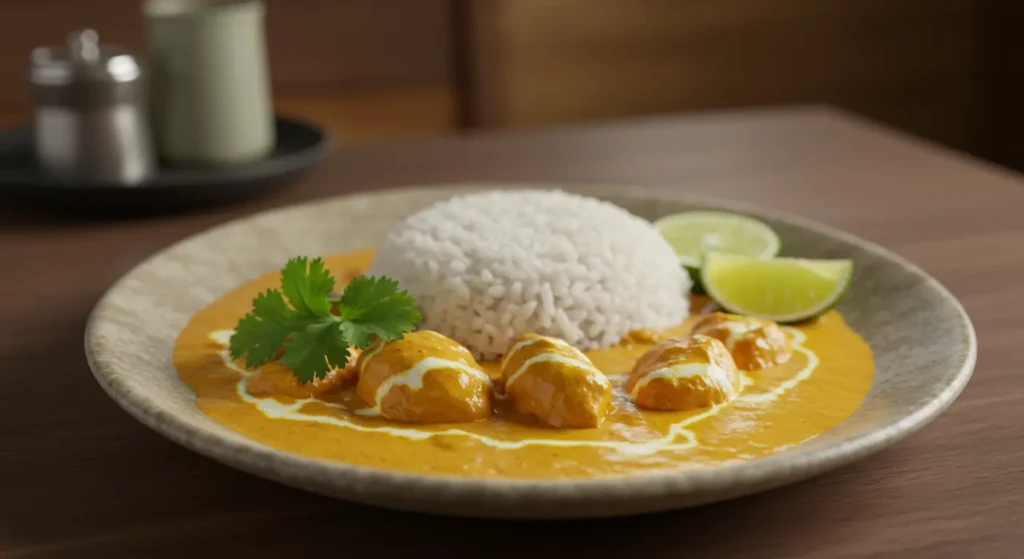 Assiette de poulet au curry avec riz basmati et coriandre.