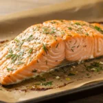 Saumon au four doré avec herbes fraîches et citron, accompagné de légumes rôtis sur une plaque de cuisson.