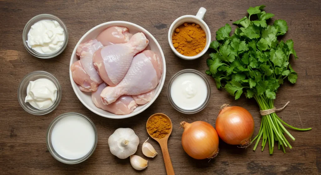 Ingrédients frais pour préparer un poulet au curry crémeux