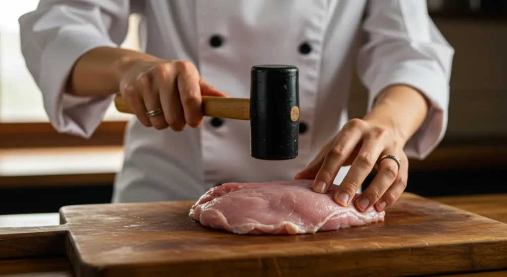 Aplatir une escalope de dinde avec un maillet de cuisine