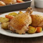 Cuisses de poulet rôties au four, dorées et croustillantes, accompagnées de pommes de terre et carottes rôties sur une table en bois rustique.