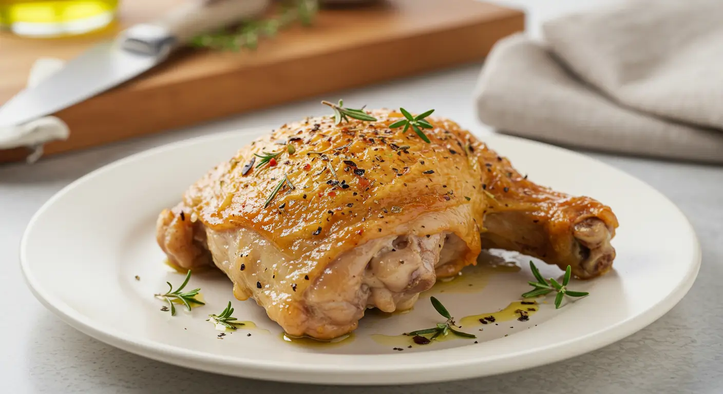 Cuisse de poulet dorée servie sur une assiette blanche avec des herbes fraîches et un filet d’huile d’olive.