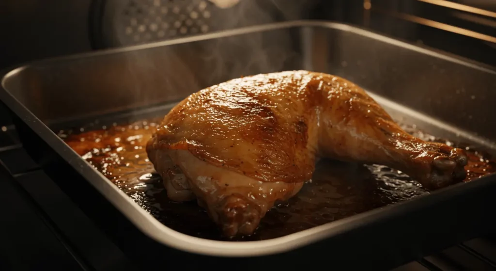 cuisse de poulet au four, dorée et juteuse dans son plat de cuisson.