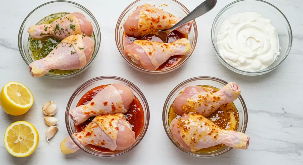 Variété de marinades pour sublimer la cuisse de poulet avant cuisson.
