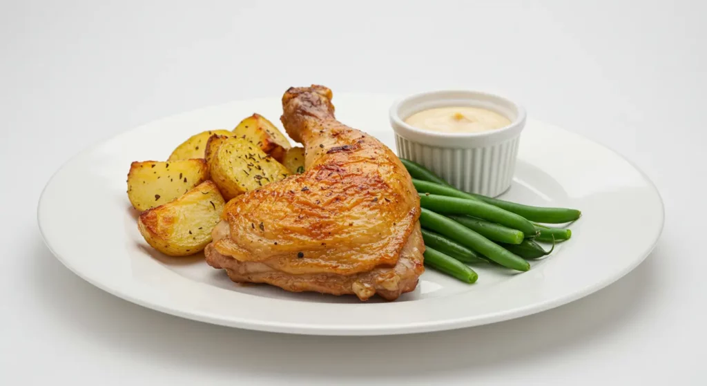 Cuisse de poulet rôtie accompagnée de pommes de terre et haricots verts.