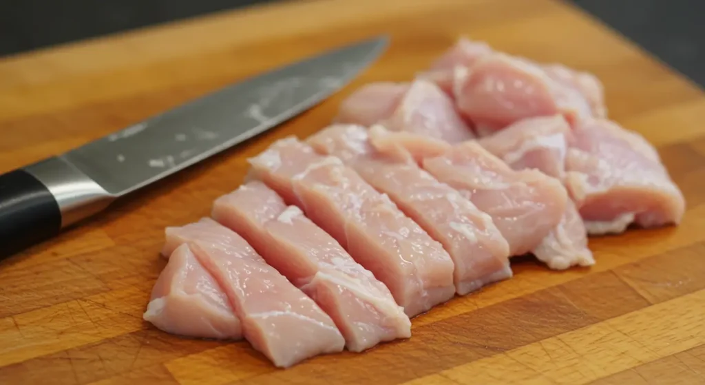 Découpe du poulet en morceaux sur une planche en bois.