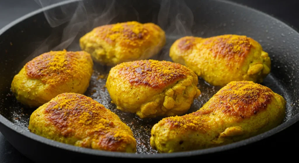Poulet en train de dorer avec des épices dans une poêle.