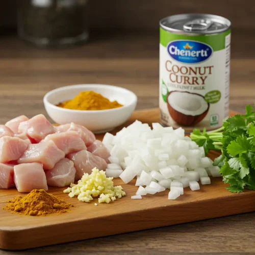 Ingrédients prêts pour la préparation du Poulet au Curry crémeux sur une planche en bois.