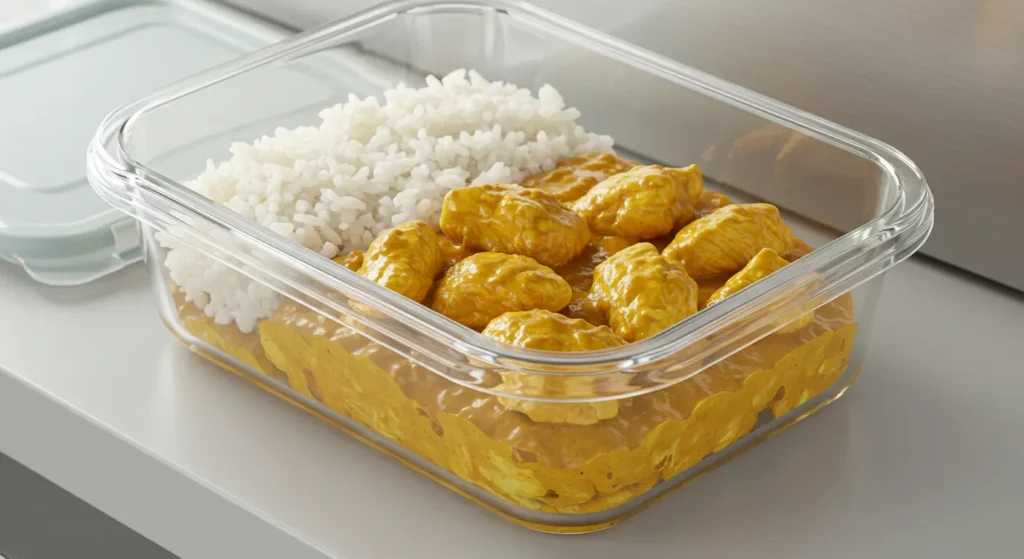 Poulet au curry conservé dans un récipient hermétique.