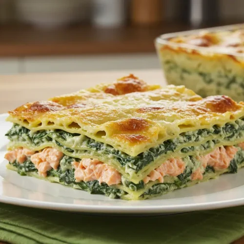 Une portion de lasagne saumon épinard, fraîchement cuite, avec une croûte dorée et des couches visibles de saumon, d'épinards crémeux et de fromage fondant.