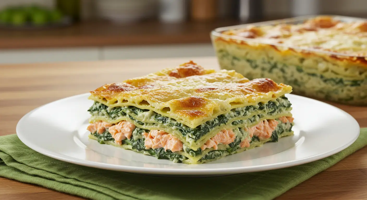 Une portion de lasagne saumon épinard, fraîchement cuite, avec une croûte dorée et des couches visibles de saumon, d'épinards crémeux et de fromage fondant.