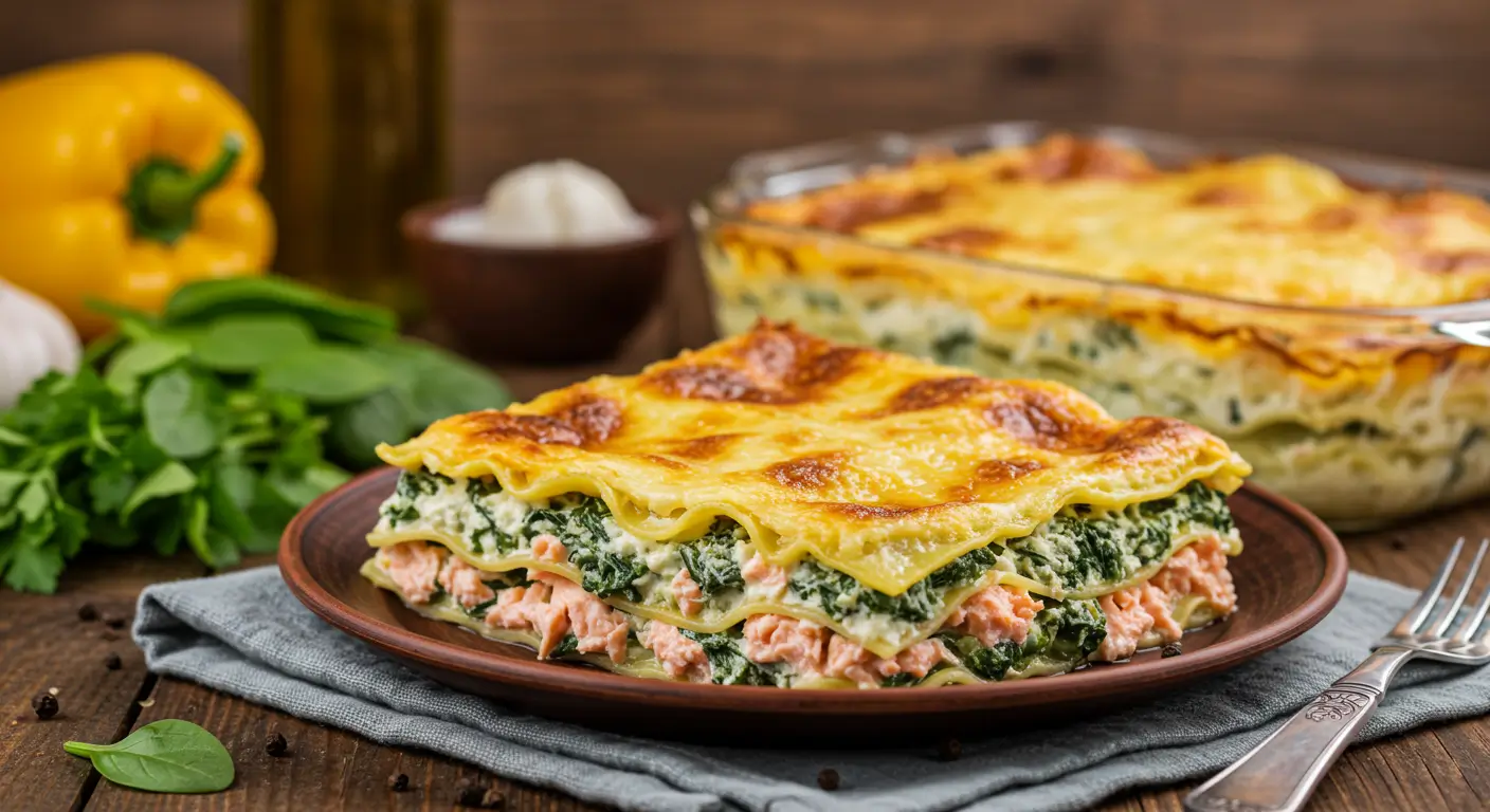 Lasagne saumon épinard dorée, avec des couches visibles de saumon, épinards crémeux et fromage fondant