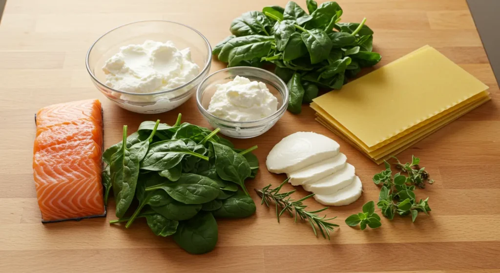 Ingrédients pour lasagne saumon épinard : épinards frais, saumon et fromage.