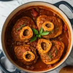 osso bucco de dinde dans sa cocotte, herbes fraîches et cuillère en bois autour