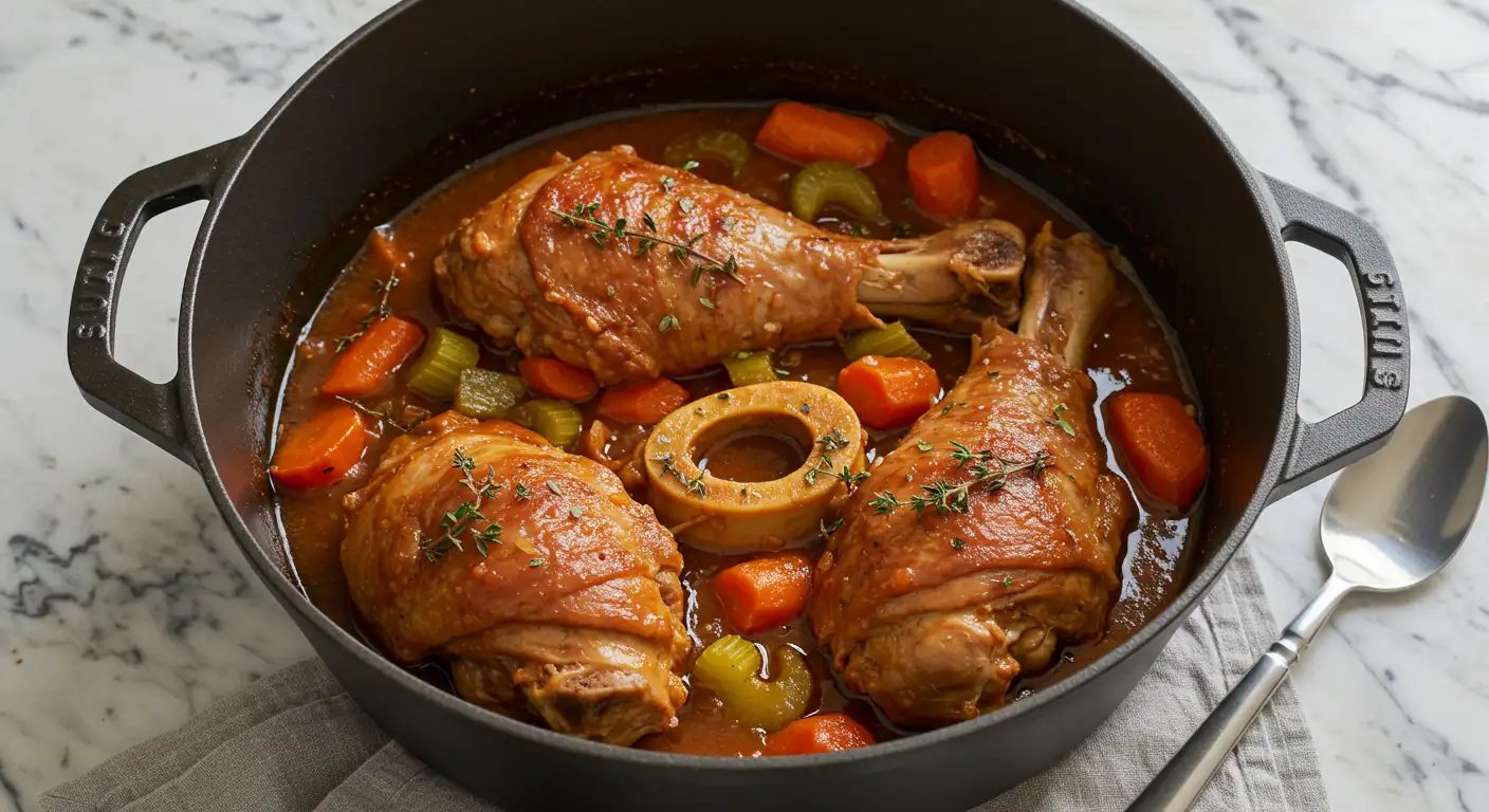 Osso bucco de dinde mijoté dans une cocotte en fonte sur fond marbré, sauce tomate épaisse et viande fondante