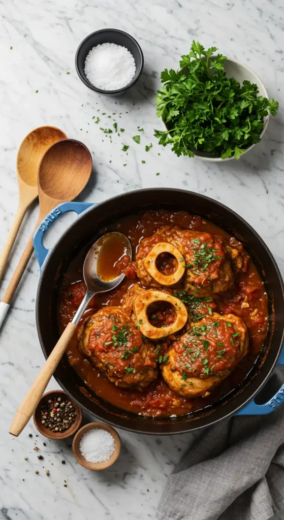 Vue de dessus d’un osso bucco de dinde dans sa cocotte, herbes fraîches et cuillère en bois autour
