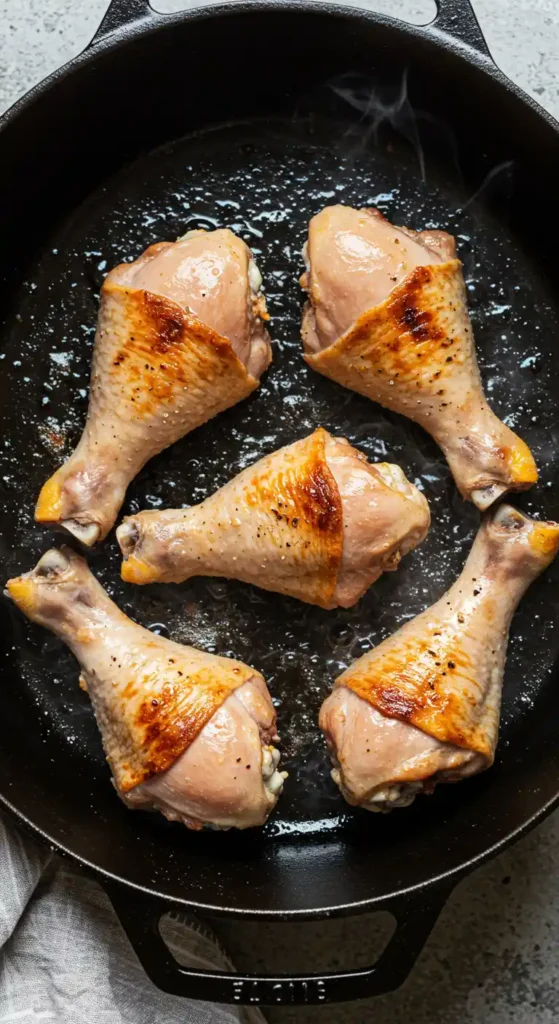 Cuisses de dinde en train de dorer dans une cocotte en fonte, belle croûte dorée