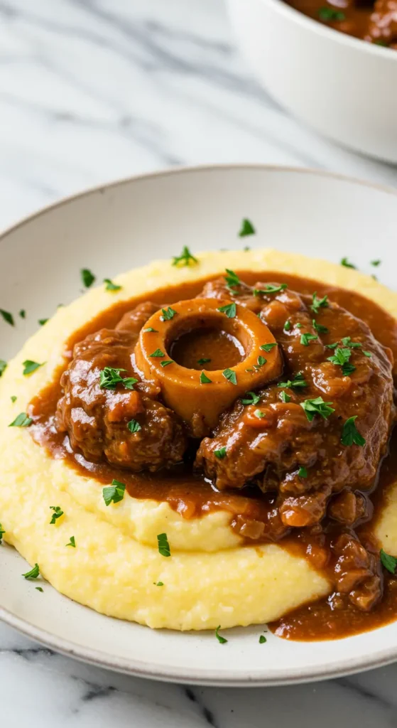 Osso bucco de dinde servi avec polenta crémeuse et persil frais sur assiette blanche