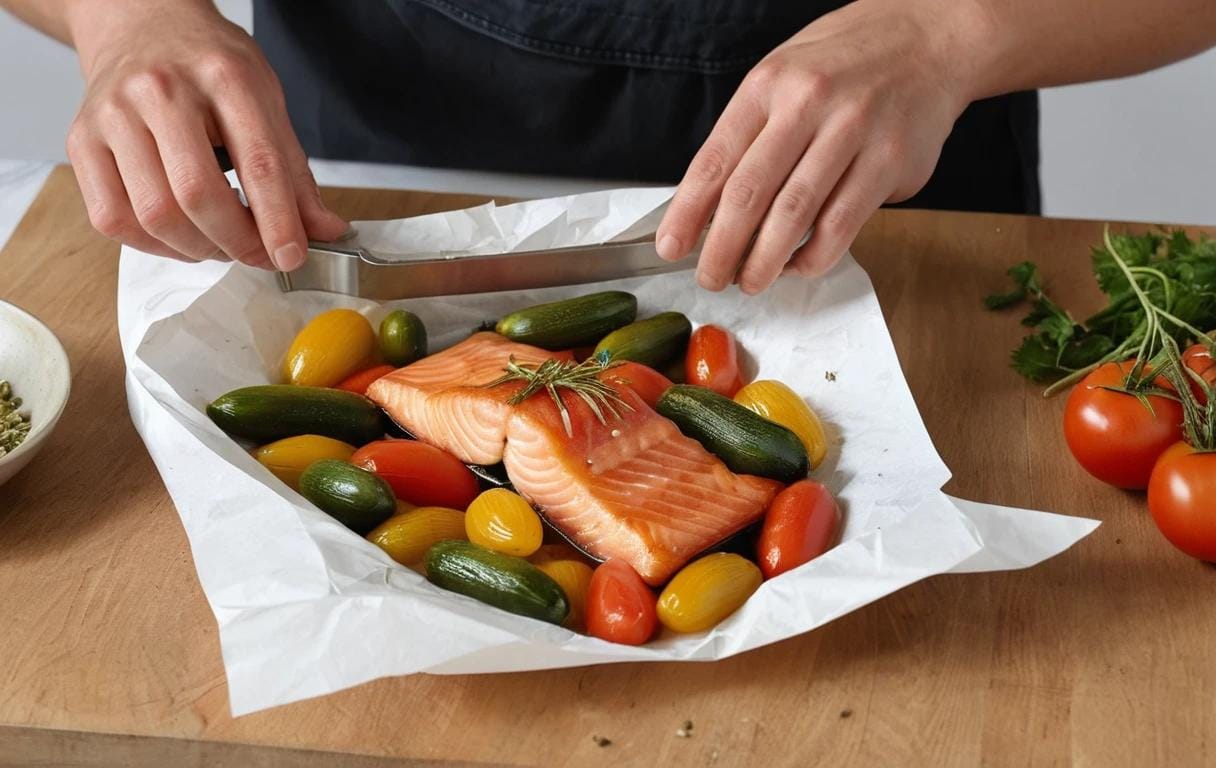 Filet de saumon entouré de légumes frais, assaisonné et enveloppé dans du papier cuisson pour former une papillote