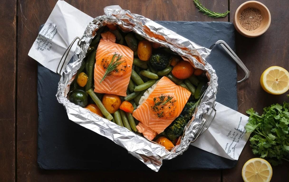 Papillotes de saumon et légumes cuisant au four à 180°C, avec une lumière chaude et une atmosphère de cuisine.