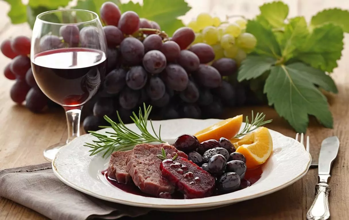 Créez une image mettant en avant un jarret de bœuf mijoté, servi avec un verre de jus de raisin rouge. Montrez un verre élégant de Bourgogne, Bordeaux ou Côtes du Rhône à côté du plat, avec des reflets lumineux mettant en valeur la couleur profonde du vin. Le jarret de bœuf, riche et savoureux, est placé sur une assiette rustique, et des éléments comme des herbes fraîches et des légumes d'accompagnement viennent sublimer l'ensemble. L'image doit capturer une atmosphère chaleureuse et raffinée, évoquant l'harmonie entre la viande et le jus de raisin rouge.