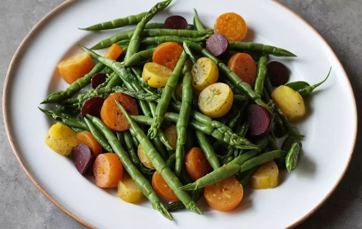 Jarret de bœuf mijoté accompagné de légumes racines de saison (carottes, navets, betteraves, pommes de terre) et de légumes verts (haricots verts, brocolis)