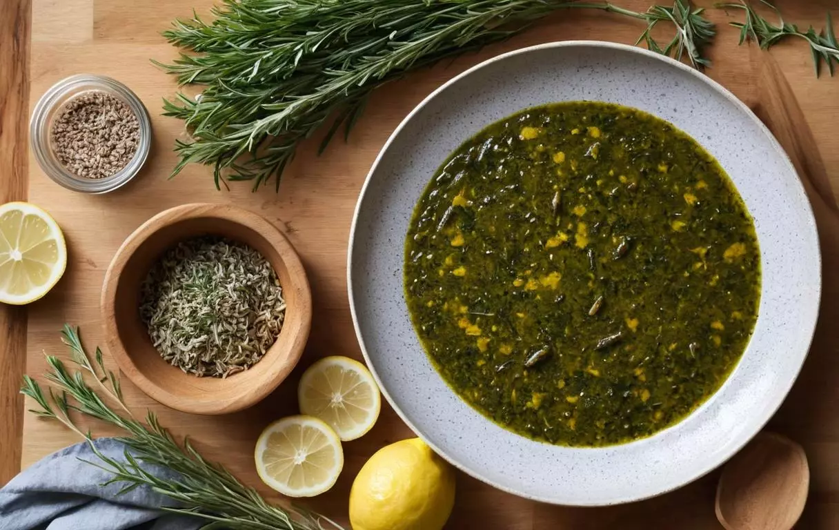 Bol de marinade avec huile d'olive, jus de citron, ail haché et herbes de Provence, prêt à être utilisé.
