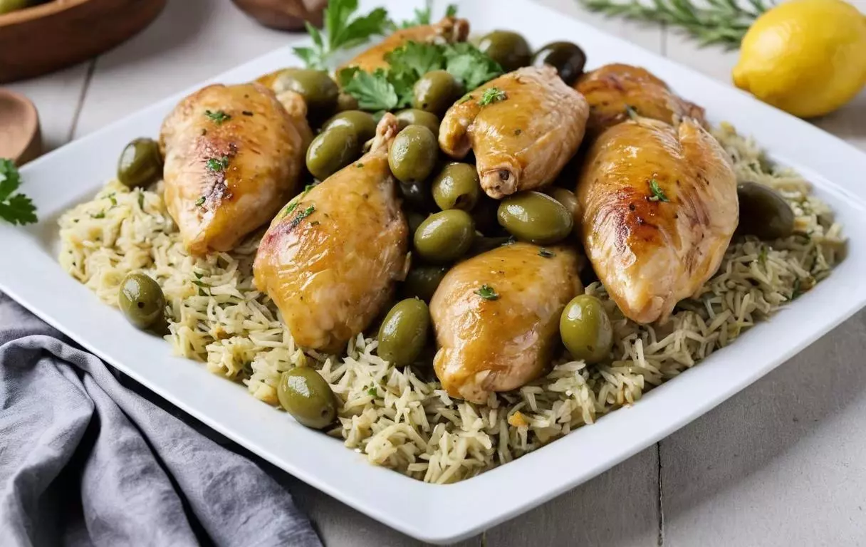 préparation d'un poulet yassa, en insistant sur la sélection des ingrédients essentiels comme le poulet, les citrons, les oignons et les olives vertes pour un plat savoureux.