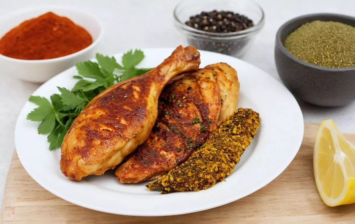 marinade épicée pour blanc de poulet, avec des ingrédients comme le paprika, le cumin, et le piment de Cayenne, en précisant le temps idéal pour mariner