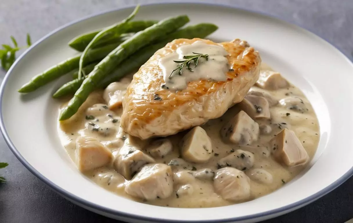 recette de filets de poulet avec une sauce crémeuse aux champignons, utilisant du bouillon de poule et des herbes de Provence pour relever le goût