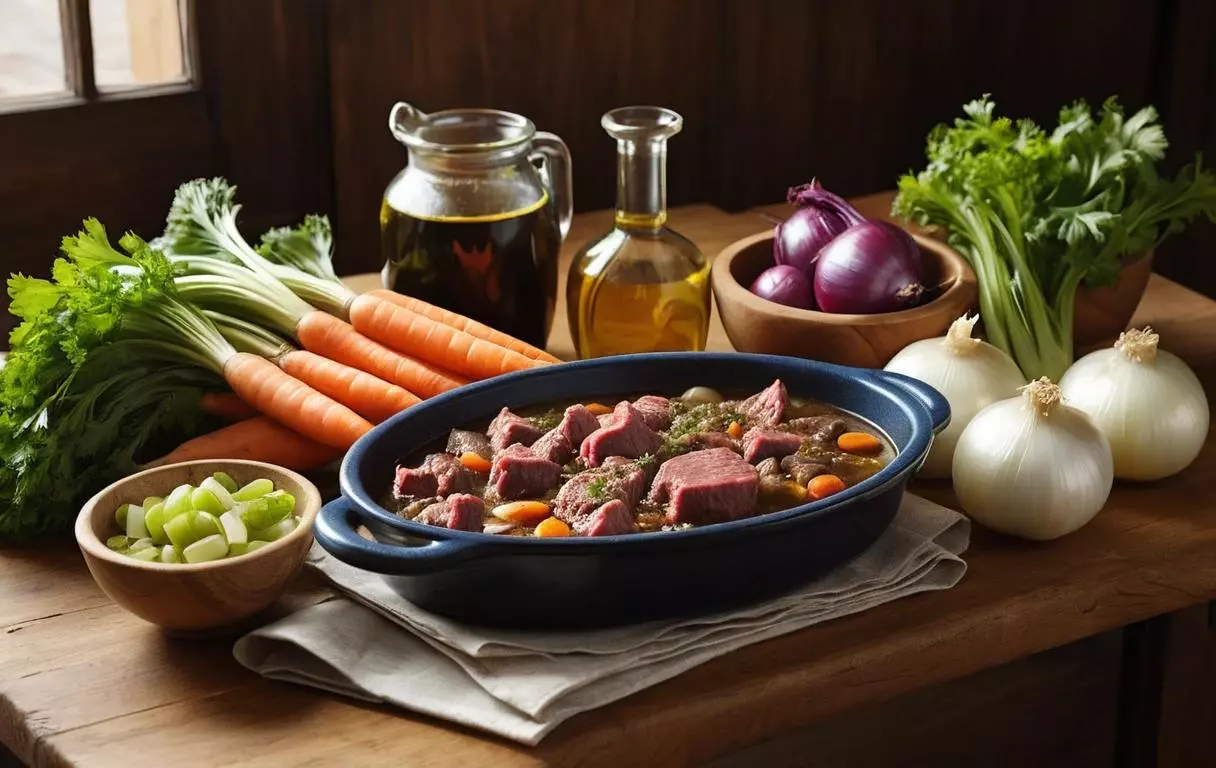 Ingrédients frais pour un ragoût de paleron de bœuf : viande, oignons, carottes, céleri et bouillon.