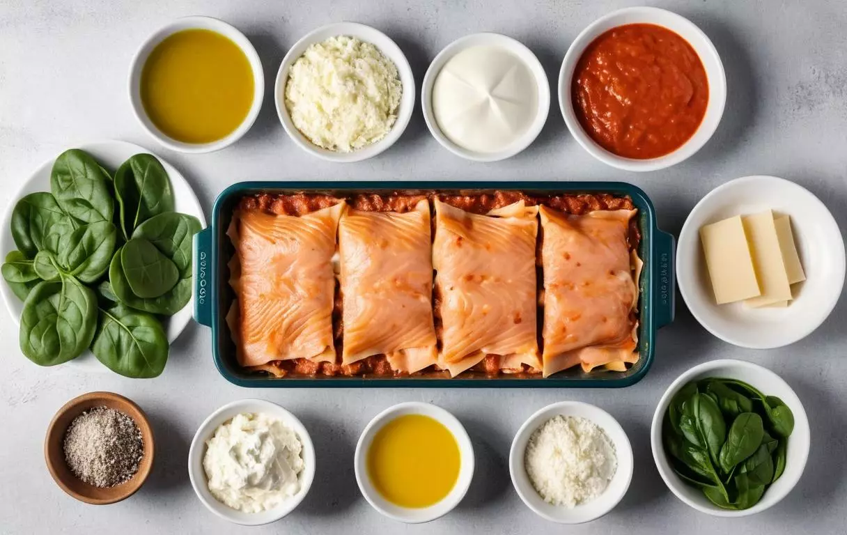 Ingrédients pour des lasagnes au saumon, épinards et ricotta : feuilles de lasagne, filet de saumon, épinards frais, ricotta, parmesan, huile d'olive, sel et poivre.