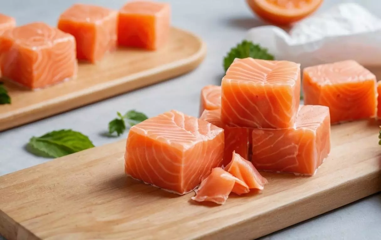 Cubes de saumon frais de 2 cm, prêts à être cuisinés