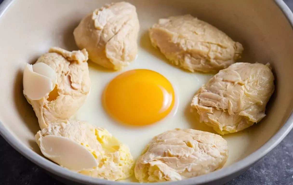 Morceaux de poulet trempés dans un mélange d'œufs battus, prêts à être enrobés.