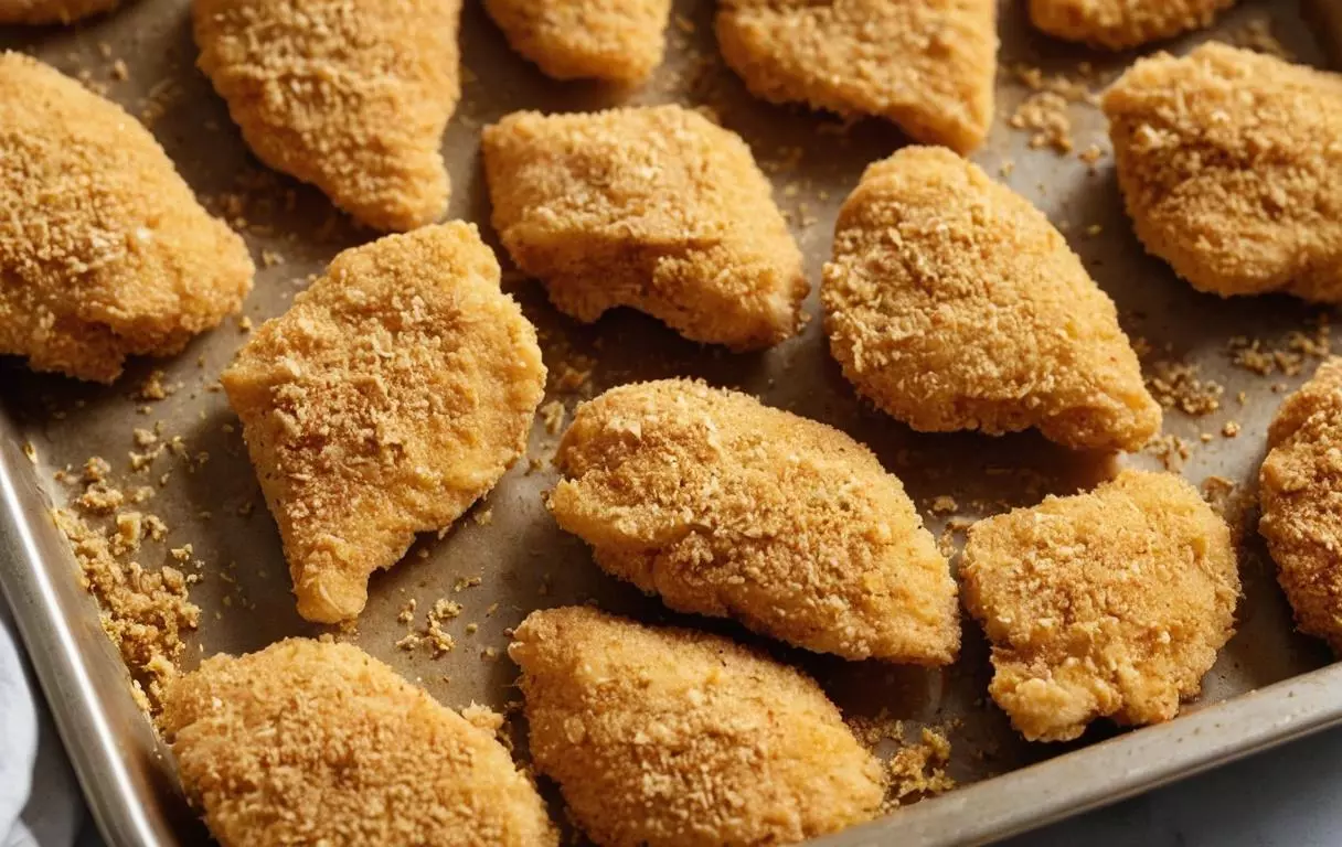 Morceaux de poulet généreusement recouverts de panure dorée et croustillante, prêts à cuire.